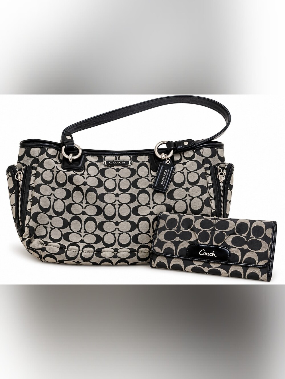 Coach Signature C Jacquard Shoulder Bag & Matching Wallet Black Gray Set